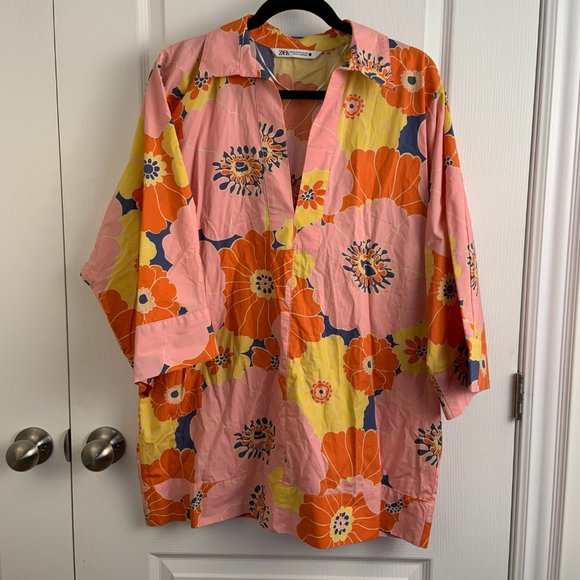 Zara Cotton Floral Print Oversized Shirt With Matching Bucket Hat Size XS - Picture 6 of 15